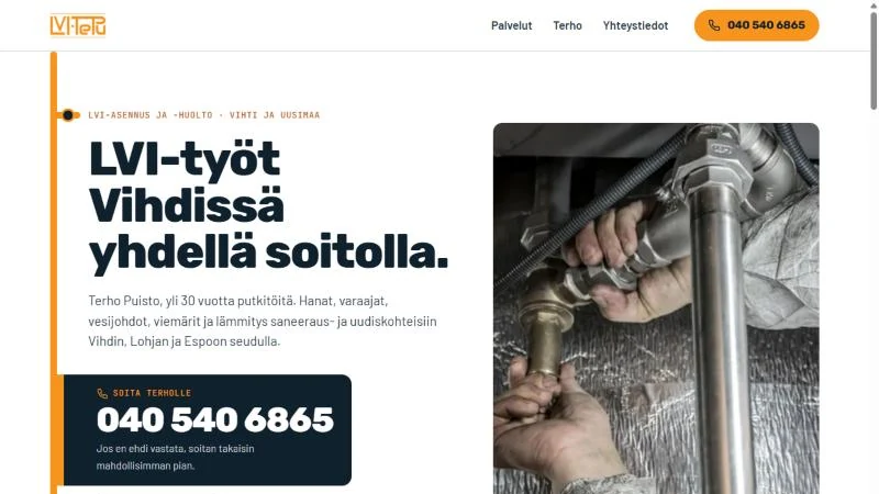 LVI-TePu Oy:n etusivu: oranssi putkilinja ja puhelinnumero