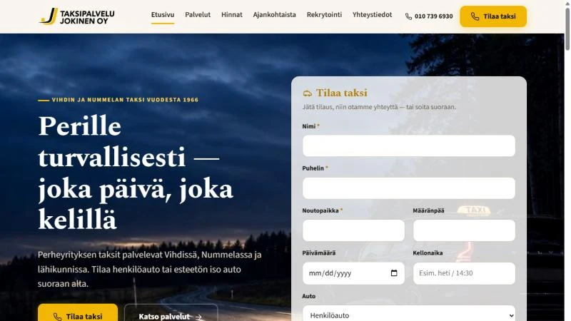 Taksipalvelu Jokisen etusivu: tilauslomake ja yötie